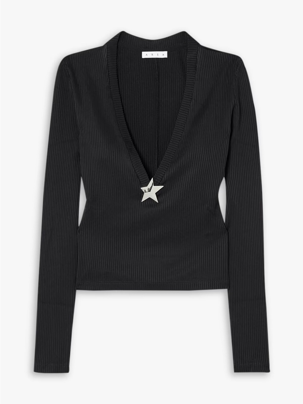 Area Embellished Star Ribbed Jersey Long Sleeve Black Top